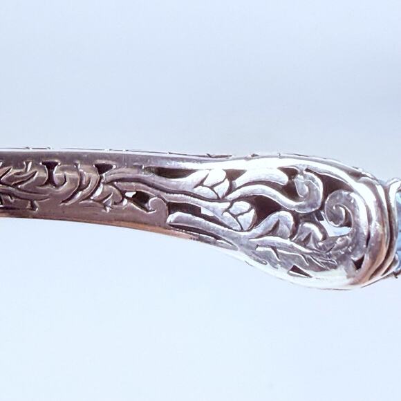 DESIGNER BLUE TOPAZ Floral Hinged Open Cuff Bracelet Sterling Silver Signed - Picture 3 of 11